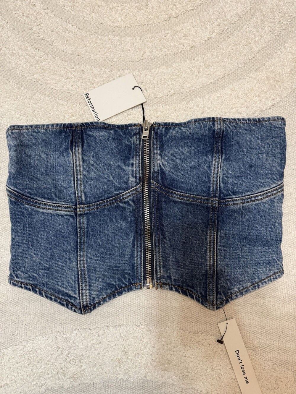 NWT Reformation Jeans Women's Strapless Denim Bustier Top Blue 8 Front Zip